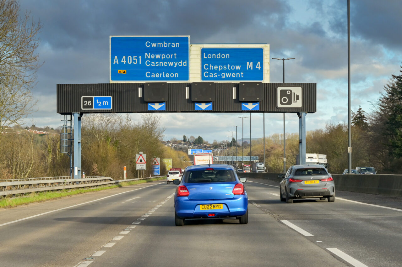 Newport, Wales, UK - 10 January 2024: Traffic driving on the M4 near Newport in south Wales