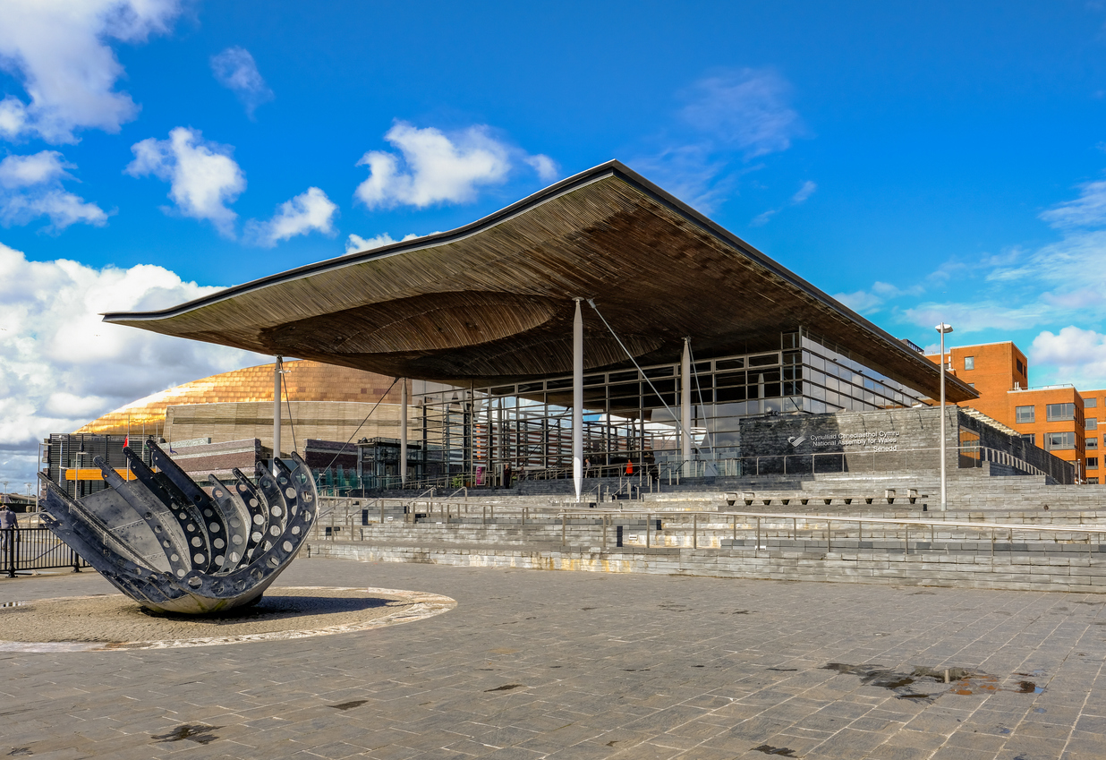 Senedd Building, Cardiff Bay. Front view with sculpture in the foreground.
