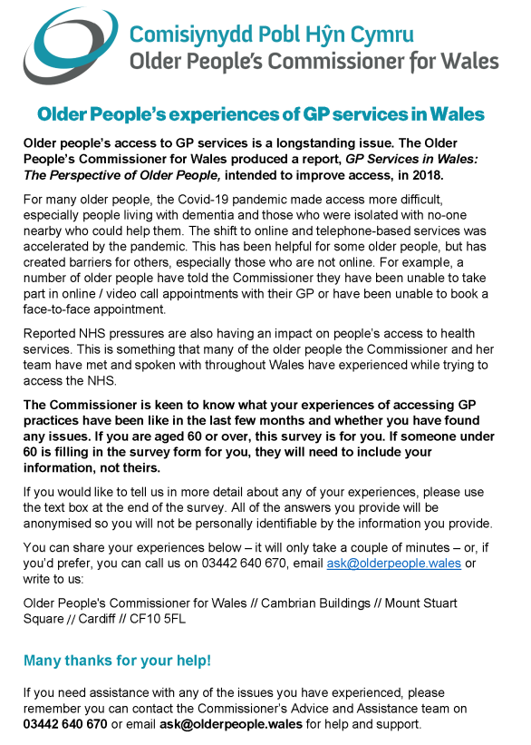 Tudalen 1 o Arolwg Mynediad at Feddygon Teulu'r Comisiynydd. // Page 1 of the Commissioner's Access to GP Survey.