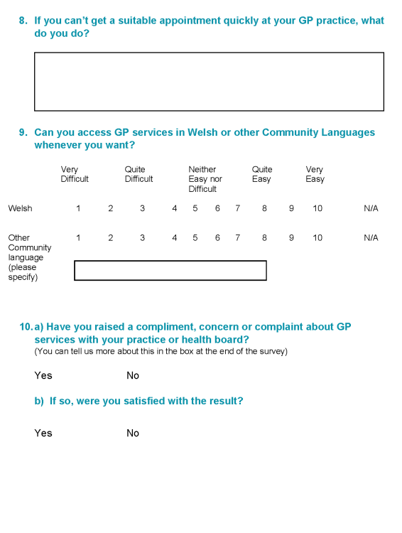 Tudalen 4 o Arolwg Mynediad at Feddygon Teulu'r Comisiynydd. // Page 4 of the Commissioner's Access to GP Survey.