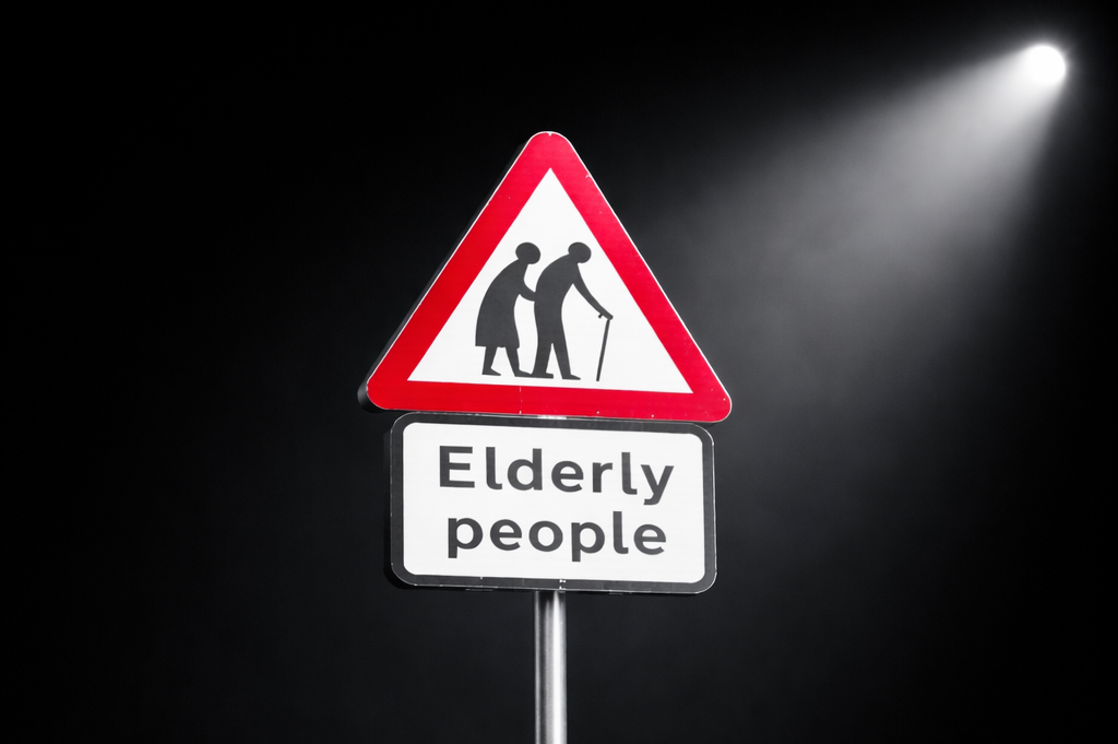 Elderly people road sign against a black backdrop illuminated by a bright spotlight