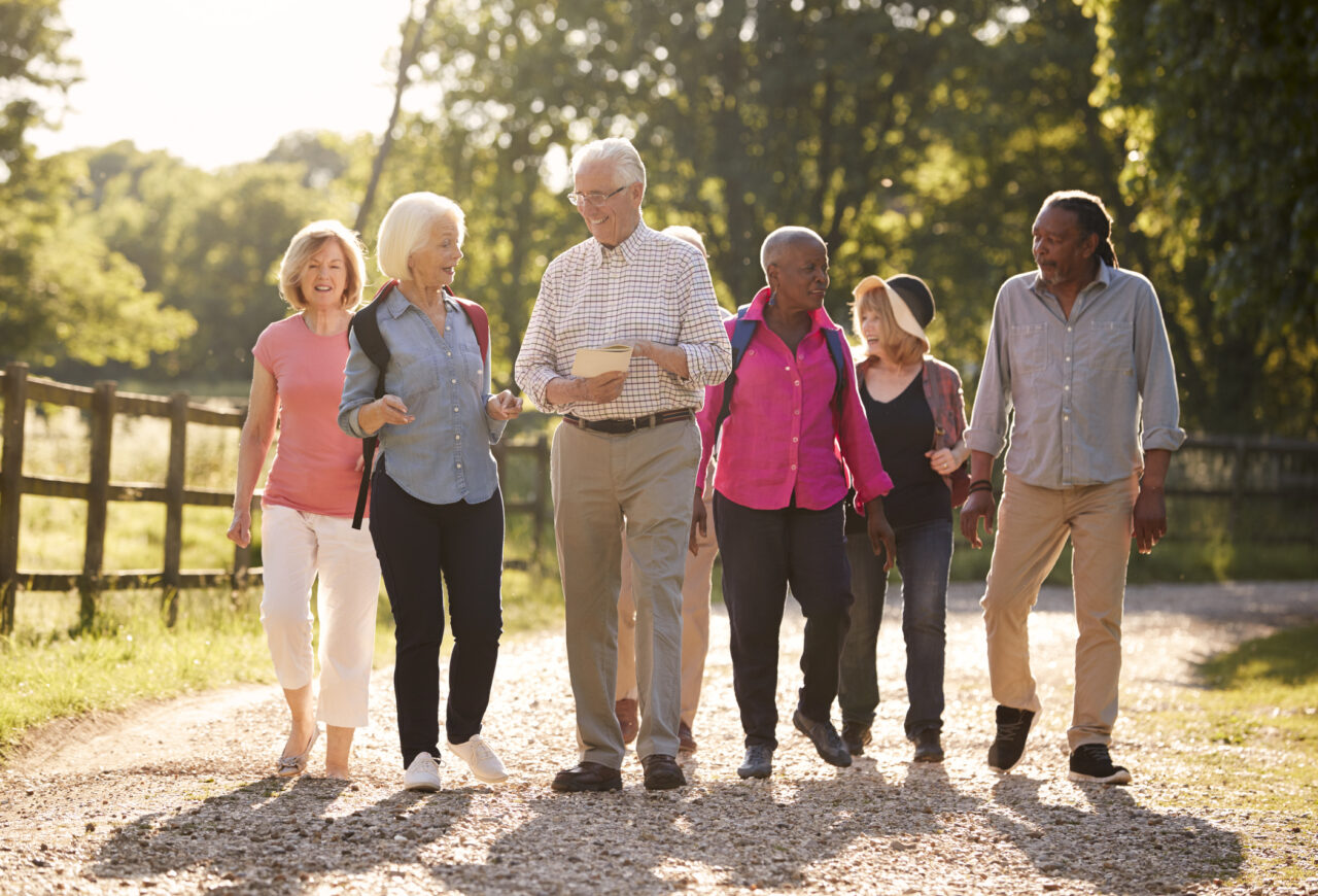 Grŵp o chwech o bobl hŷn yn cerdded, yn sgwrsio ac yn chwerthin gyda'i gilydd ar lwybr natur. // A group of six older people walking, talking and laughing together on a nature trail.